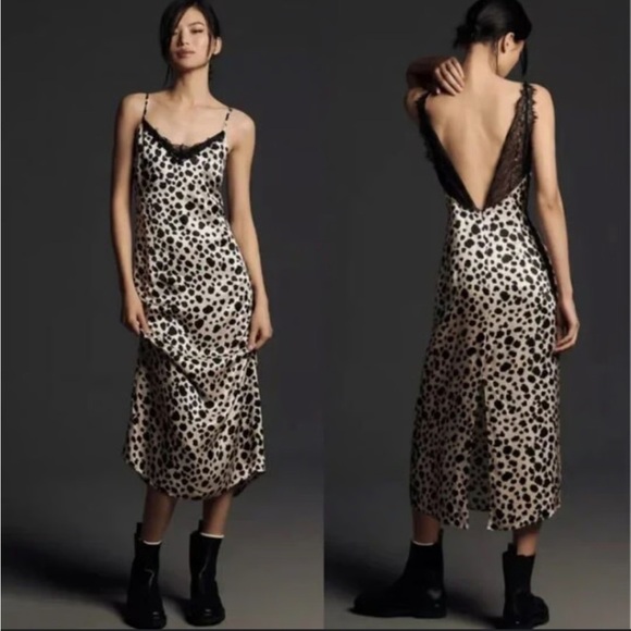 NWT Anthropologie V-Neck Open-Back Slip Midi Dress Lace Animal Print Medium - Picture 1 of 5